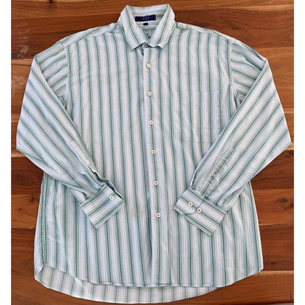 Alan Flusser Mens Large Green Blue Striped Long Sleeve Cotton Button Down Shirt
